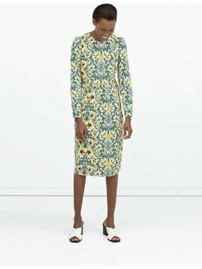 Zara Green & Yellow Floral Midi Dress
